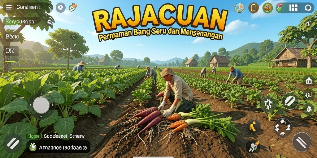 Screenshot dari permainan RAJACUAN yang menampilkan kebun yang subur dan hewan ternak.
