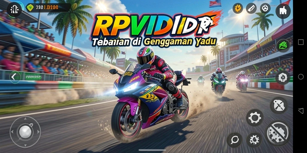 Screenshot gameplay RPVIP1 menampilkan ketegangan balapan motor yang mendebarkan.